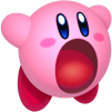 Kirby from Super Smash Bros. Melee — pink round character with mouth wide open, bright blue eyes, rosy cheeks and red feet, appearing to inhale or shout.