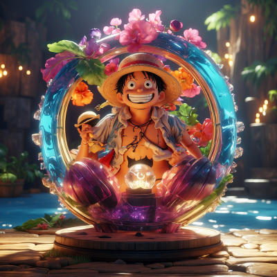 One Piece anime character collectible figure encased in a clear globe with tropical flowers and lighting, set against a serene night-time backdrop.