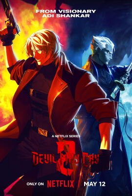 Poster for Devil May Cry (2025): Dante in a red coat firing a pistol and Vergil back-to-back with a katana, flames on the left and icy blue on the right; Netflix, May 12.