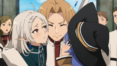 Mushoku Tensei: Jobless Reincarnation — a smiling blond man embraces two girls: a white-haired elf and a blue-haired witch in a hat, with onlookers behind.