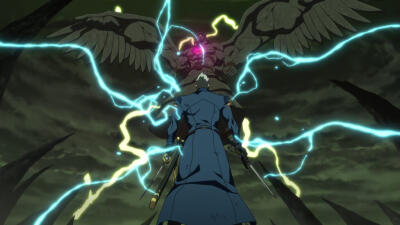 Devil May Cry (2025): a blue‑coated protagonist faces a towering winged demon as blue and yellow lightning arcs between them under a stormy sky.