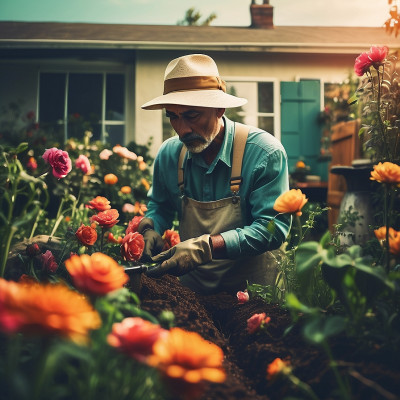 Gardener tending to colorful flowers in a vibrant home garden during golden hour.