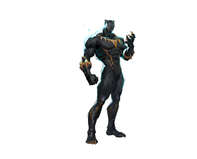 Black Panther in a sleek black and gold suit with cyan energy accents, claws extended in a powerful stance — Marvel Rivals character artwork.