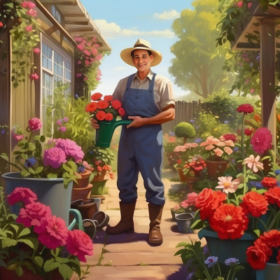 Man in a straw hat and overalls smiling while holding a pot of blooming flowers in a vibrant garden.