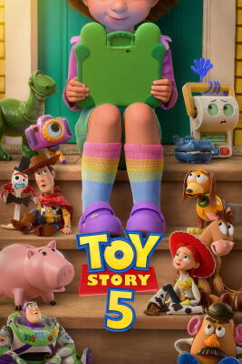 Toy Story 5 poster of a child holding a green frog tablet, seated on steps surrounded by Woody, Buzz Lightyear, Jessie, Rex, Hamm, Forky and other toys.