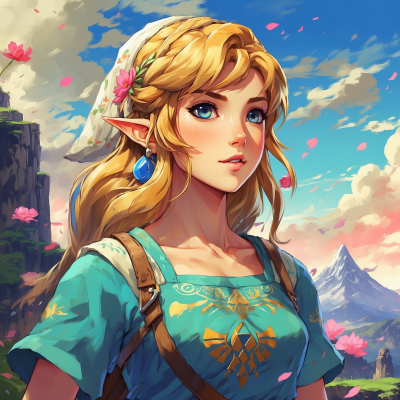 Artwork of a female character from The Legend of Zelda: Breath of the Wild with iconic pointed ears and a Hylian dress, set against a backdrop of a fantasy landscape with mountains and cherry blossoms.