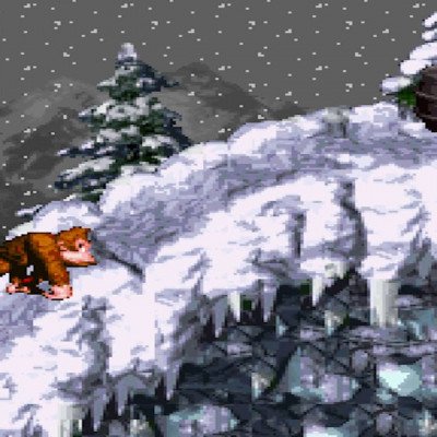 Donkey Kong character in a snowy level from the classic Donkey Kong Country video game.