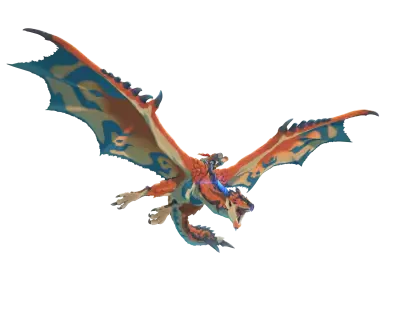 A flying orange-and-blue wyvern with large patterned wings and an armored rider, from Monster Hunter Stories 3: Twisted Reflection.