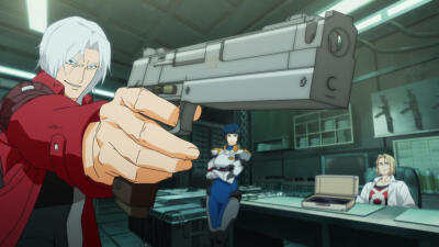 Dante from Devil May Cry (2025) points a large handgun toward the viewer in a dim office lab; a uniformed woman and a blond man watch from the background.