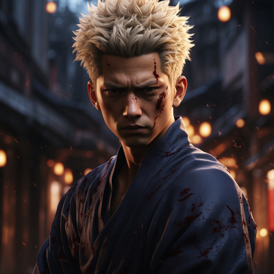 Digital artwork of Sukuna from Jujutsu Kaisen with a fierce expression, set against a dusk-lit city backdrop.