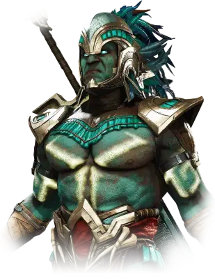Kotal Kahn from Mortal Kombat 11, shown as a muscular warrior with teal skin, ornate armor, and a large weapon strapped to his back.