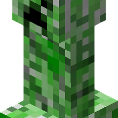 A green pixelated Creeper from Minecraft with a simple face and a blocky structure, featuring various shades of green and gray, standing on a flat surface.