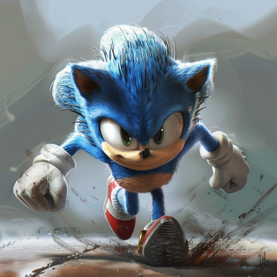 A dynamic blue hedgehog, Sonic, is sprinting forward with determination, showcasing his signature spiky hair and red shoes, with dust and debris flying around him.