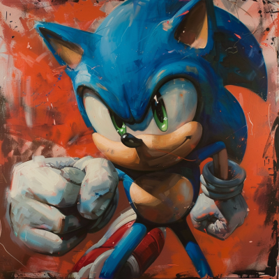 A vibrant, dynamic illustration of Sonic the Hedgehog, showcasing his iconic blue quills and confident stance, set against a bold red background.