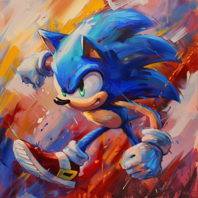 A dynamic, colorful painting of Sonic the Hedgehog, showcasing his iconic blue spiky hair and confident expression as he runs against a vibrant, abstract background.