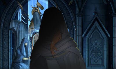 Hooded figure seen from behind in a gothic cathedral interior, facing a stained-glass scene of cloaked figures and an armored knight — Castlevania Belmont's Curse.