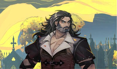 Bearded Belmont warrior in an open leather coat with flowing hair stands before a golden sky, autumn trees and gothic castle spires — Castlevania Belmont's Curse.