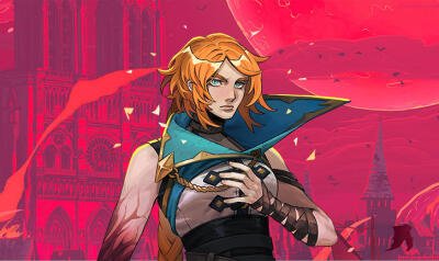 Red-haired Belmont from Castlevania Belmont's Curse Integrate, cloaked and armored, clutching her chest before a crimson gothic castle under a blood-red sky.