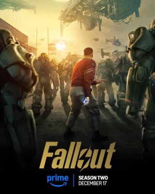 Fallout (TV Show): lone figure with a glowing Pip-Boy stands between rows of power-armored soldiers as airships hover overhead in a dusty, sunset-lit wasteland.