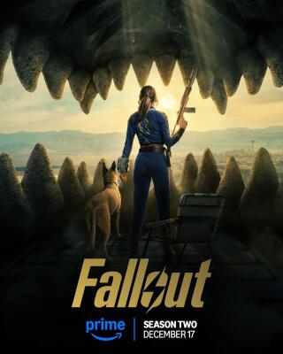 Fallout (TV Show) poster: figure in blue Vault suit with rifle and a dog stand at a jagged, toothlike cave opening, looking out over a barren landscape with the Fallout logo below.