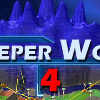 Text reading Creeper World 4 over a vibrant, mountainous landscape, featuring a futuristic base and structures, suggesting a strategy game setting.