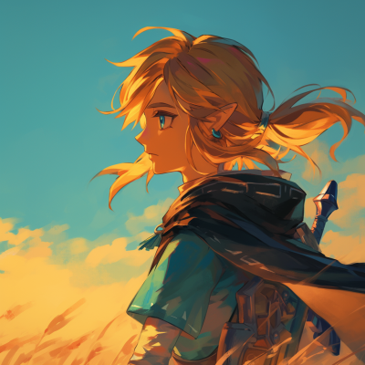Illustration of Link from The Legend of Zelda: Breath of the Wild with a focused gaze, set against a warm, golden background suggesting adventure.