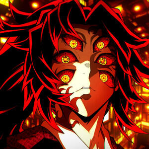 Kokushibo (Demon Slayer) stares with multiple glowing golden-red eyes, red-and-black hair framing his pale face, fierce expression against a fiery, ember-lit background.