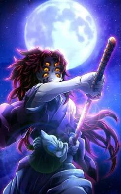 Kokushibo (Demon Slayer) under a full moon, multiple forehead eyes, flowing dark hair and kimono, gripping a glowing katana amid purple-blue mist.