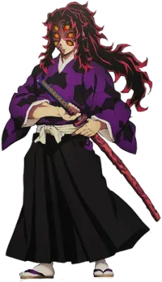 Full-body illustration of Kokushibo (Demon Slayer): tall demon in a purple kimono and black hakama, long flowing dark-red hair, multiple glowing eyes, gripping a blood-red katana.