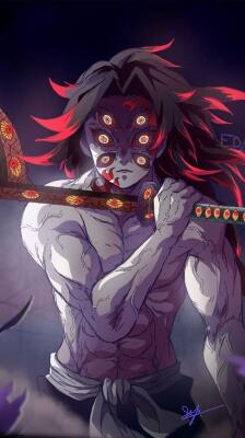 Kokushibo from Demon Slayer: bare-chested, muscular demon with six eyes across his face, flowing red-black hair, resting a katana across his shoulders.