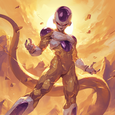 Artistic illustration of Frieza, an iconic anime character, against a dynamic orange background.