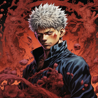 Illustration of a Jujutsu Kaisen character with spiky white hair and intense gaze, set against a dynamic red and black backdrop with ominous details.