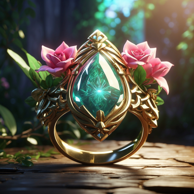 Illuminated Zelda-inspired amulet with a bright green gem and pink roses against a mystical forest backdrop.