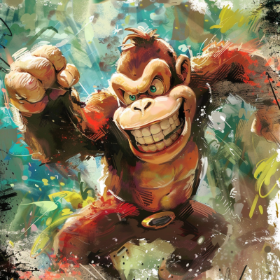 Dynamic artwork of Donkey Kong ready for action in a lush jungle setting, showcasing his strength and playful attitude.