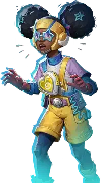 Moon Girl wearing star-shaped glasses and gold headphones, puffy hair buns, yellow overalls with a heart emblem over a purple top, reaching forward with a blue glowing aura.