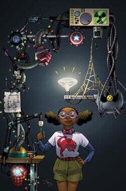 Moon Girl wearing goggles and a red shirt stands hands-on-hips under a glowing lamp, framed by a tangled rig of cables, gadgets and superhero emblems.