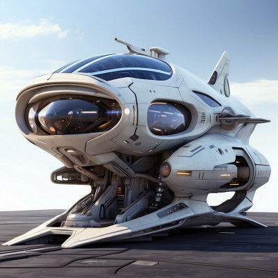 Futuristic spaceship design with sleek white hull parked on landing pad, featuring advanced aerospace technology and modern sci-fi aesthetics.