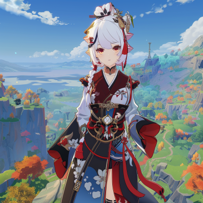 Genshin Impact character in traditional attire standing against a scenic backdrop with mountains and a vast landscape.