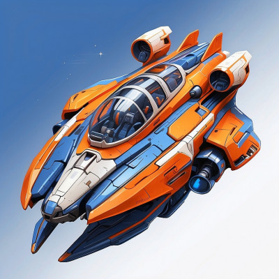 Colorful illustrated spaceship with blue and orange design against a clear sky background.