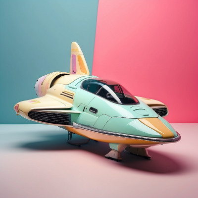 Illustration of a colorful, futuristic spaceship on a pink and blue background.