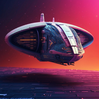 Futuristic spaceship soaring above a digital landscape against a vibrant pink and orange sky.