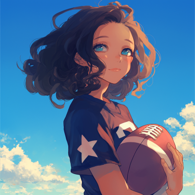 A girl with curly hair stands against a blue sky, holding a football. She wears a dark jersey with a star design, gazing thoughtfully into the distance.