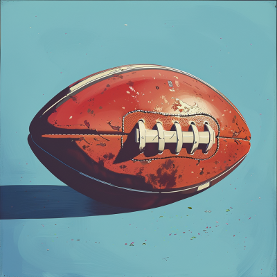 A close-up view of a worn, red football resting on a blue background, showcasing its textured surface and white laces.