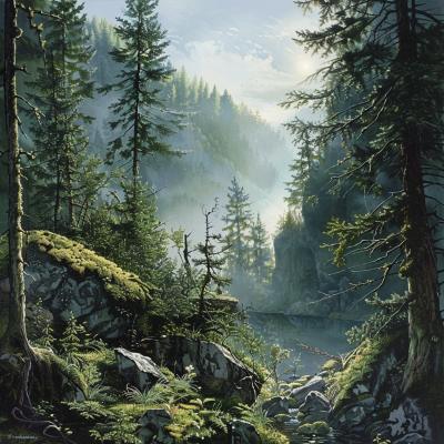 A serene forest landscape features towering evergreens, mist rising from a calm river, and rocky outcrops, creating a tranquil atmosphere bathed in soft, filtered light.