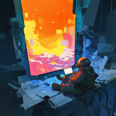 Astronaut reading on a digital device amidst futuristic ruins against a vibrant, otherworldly backdrop, conceptualizing sci-fi literature.