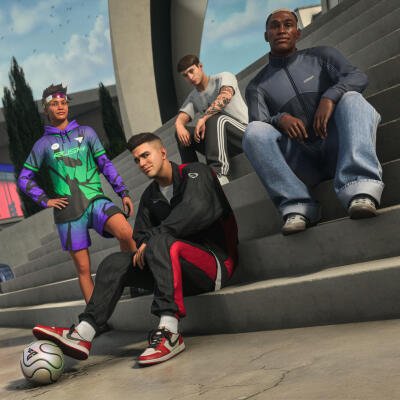 Four young men in streetwear sit on concrete steps with a soccer ball in an urban stadium setting — EA SPORTS FC 27