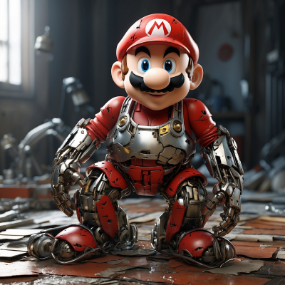 Illustration of Mario with a robotic exoskeleton suit in a workshop setting.