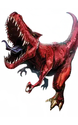Devil Dinosaur: massive red T‑rex–like creature rearing and roaring with mouth wide, rows of sharp teeth and purple tongue, muscular body, claws and long tail over a splattered colorful background.