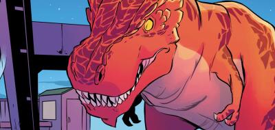 Close-up of a snarling red-orange Devil Dinosaur with a glowing yellow eye, jagged teeth and textured scales, looming over a city rooftop at night.