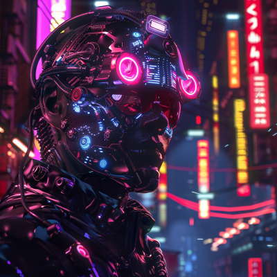 A futuristic cyberpunk figure with intricate circuitry and glowing lights stands against a neon-lit cityscape, showcasing a blend of technology and urban atmosphere.